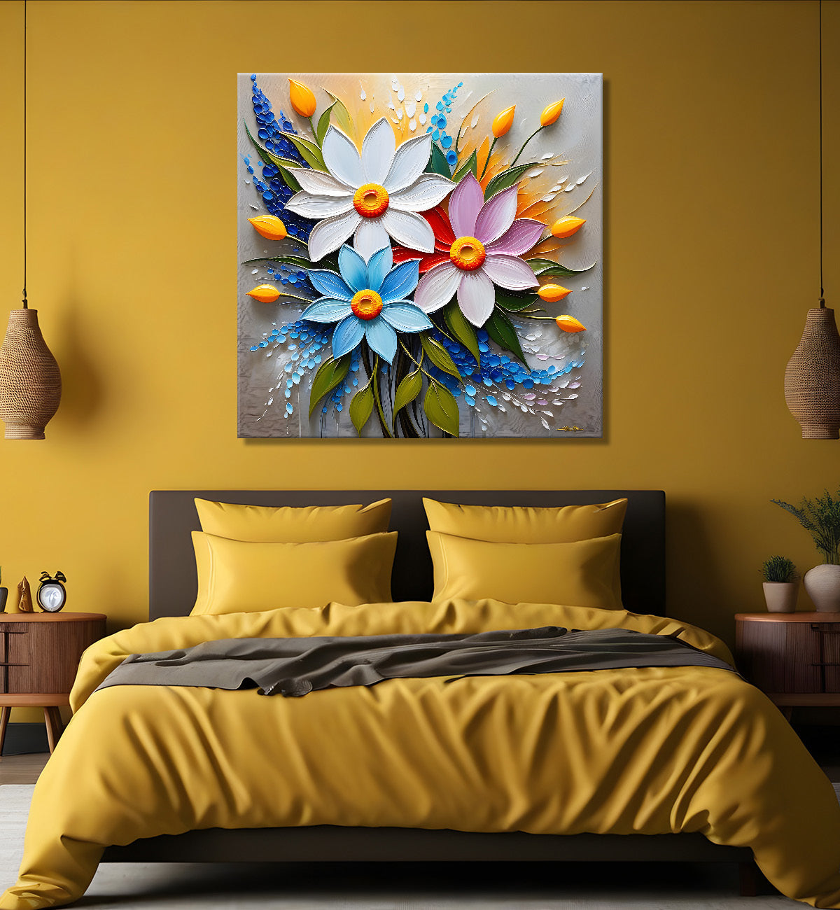 Colourful flowers in grey background textured painting - Flower-S-61