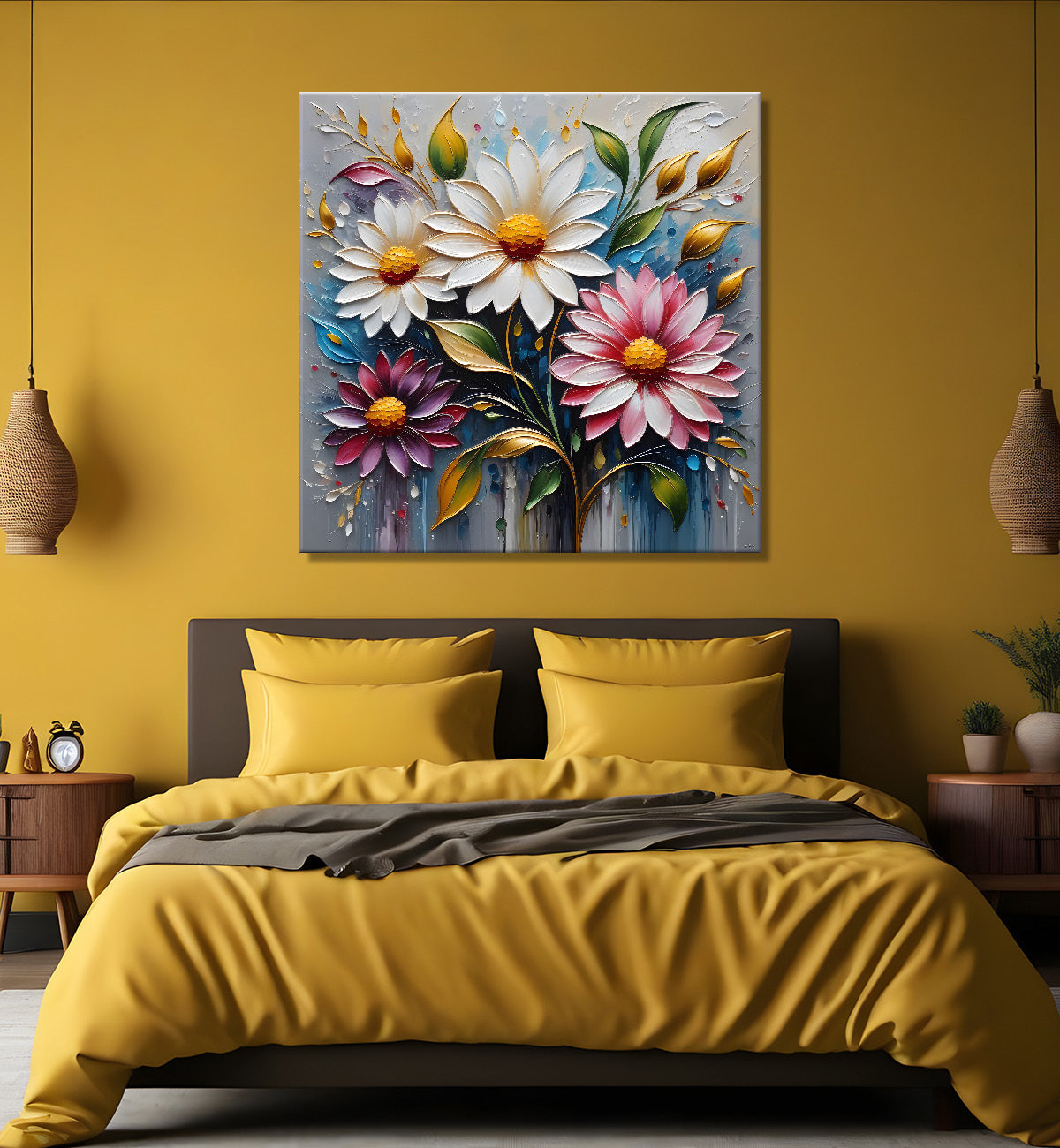 Colourful flowers in grey background textured painting - Flower-S-62