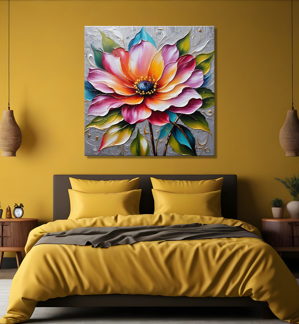 Pink flowers in grey background textured painting  - Flower-S-63