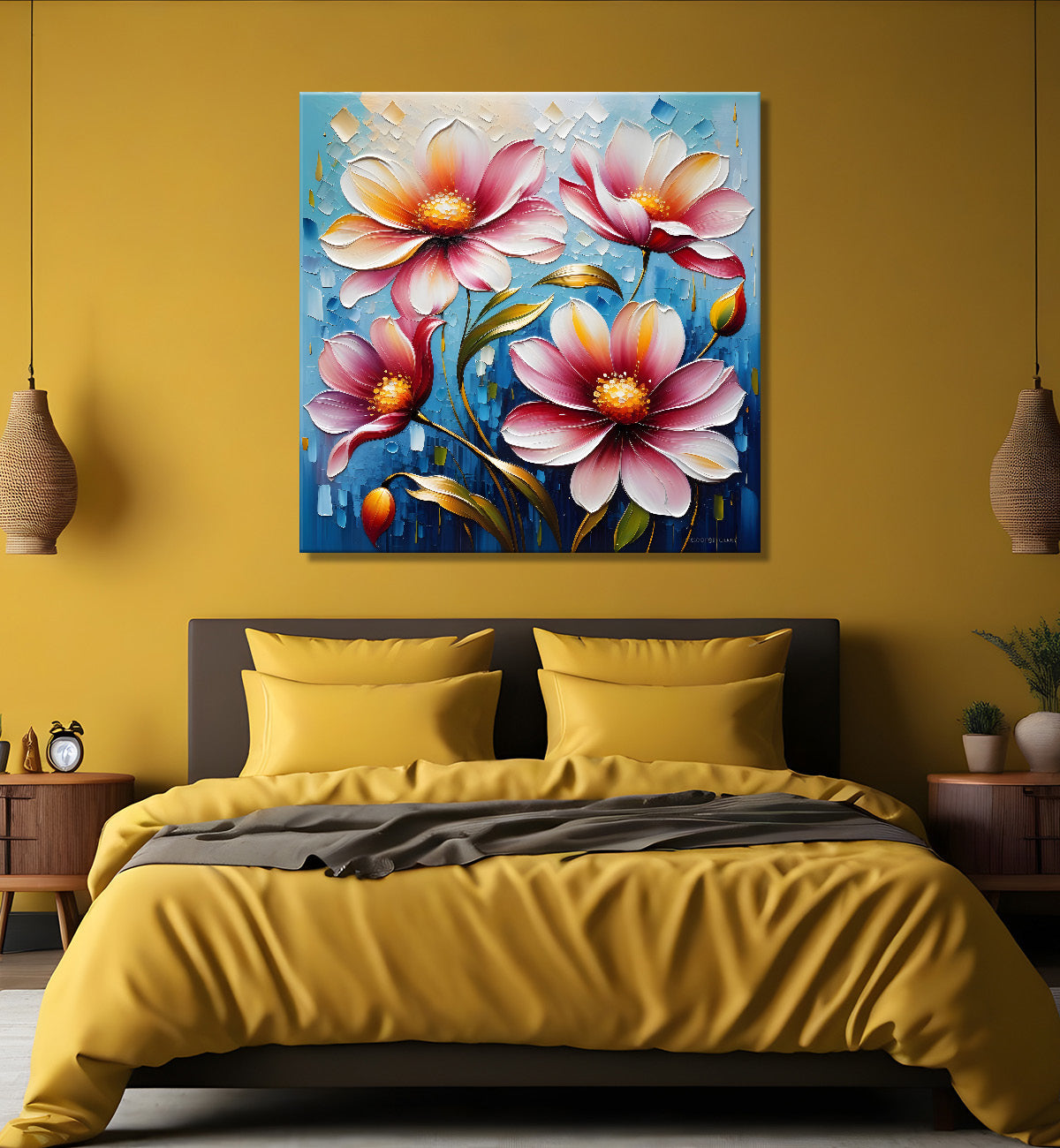 Pink flowers in blue background textured painting - Flower-S-65