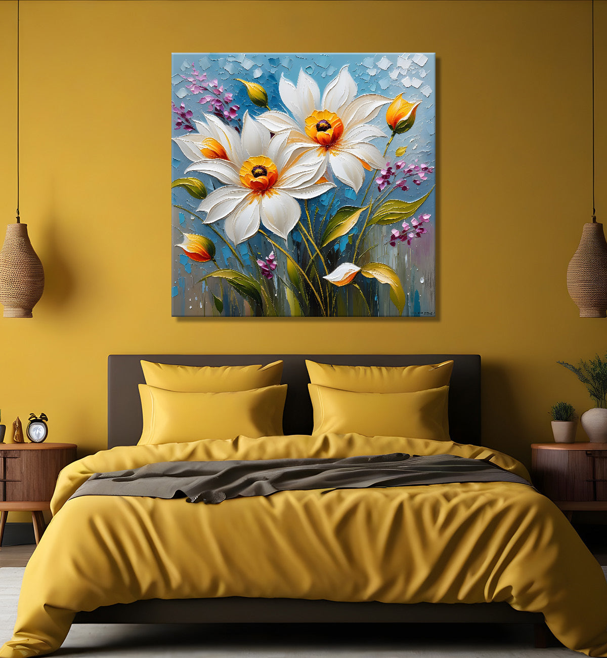 White flowers in blue background textured painting - Flower-S-66