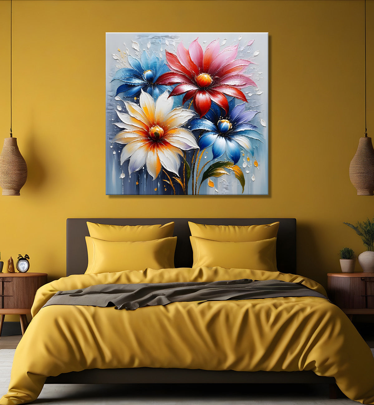 Colourful flowers in grey background textured painting  - Flower-S-67