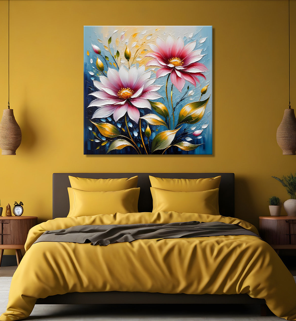 Pink flowers in blue background textured painting   - Flower-S-70