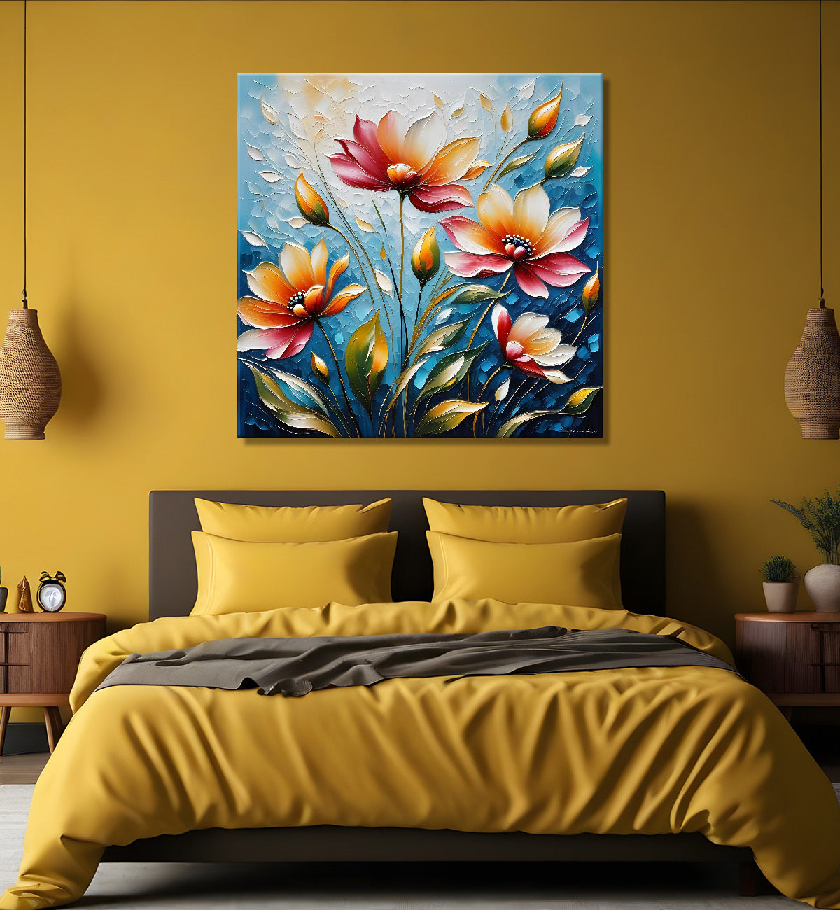 Peach flowers in blue background textured painting - Flower-S-71