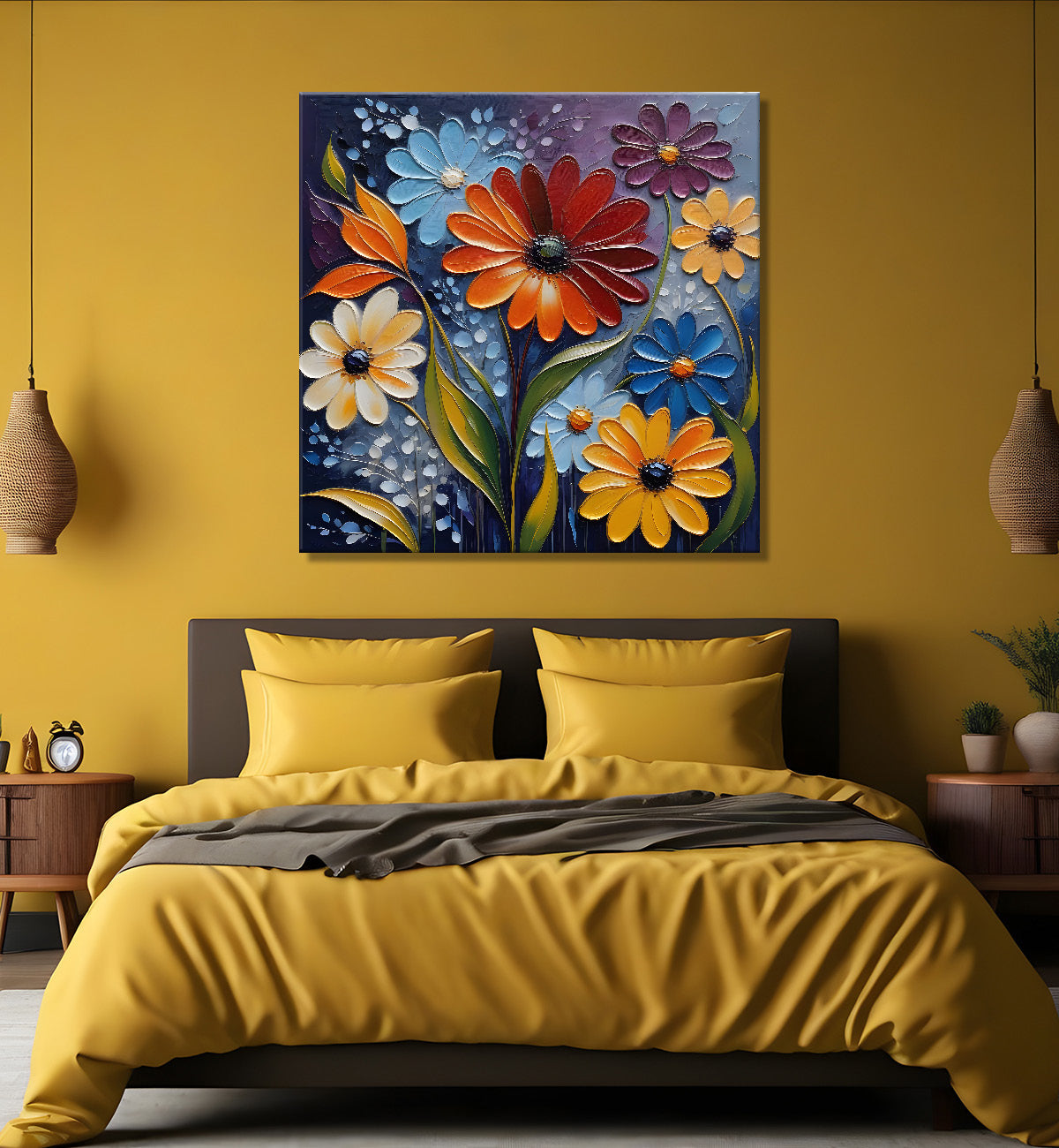 Colourful flowers in dark background  textured painting - Flower-S-72