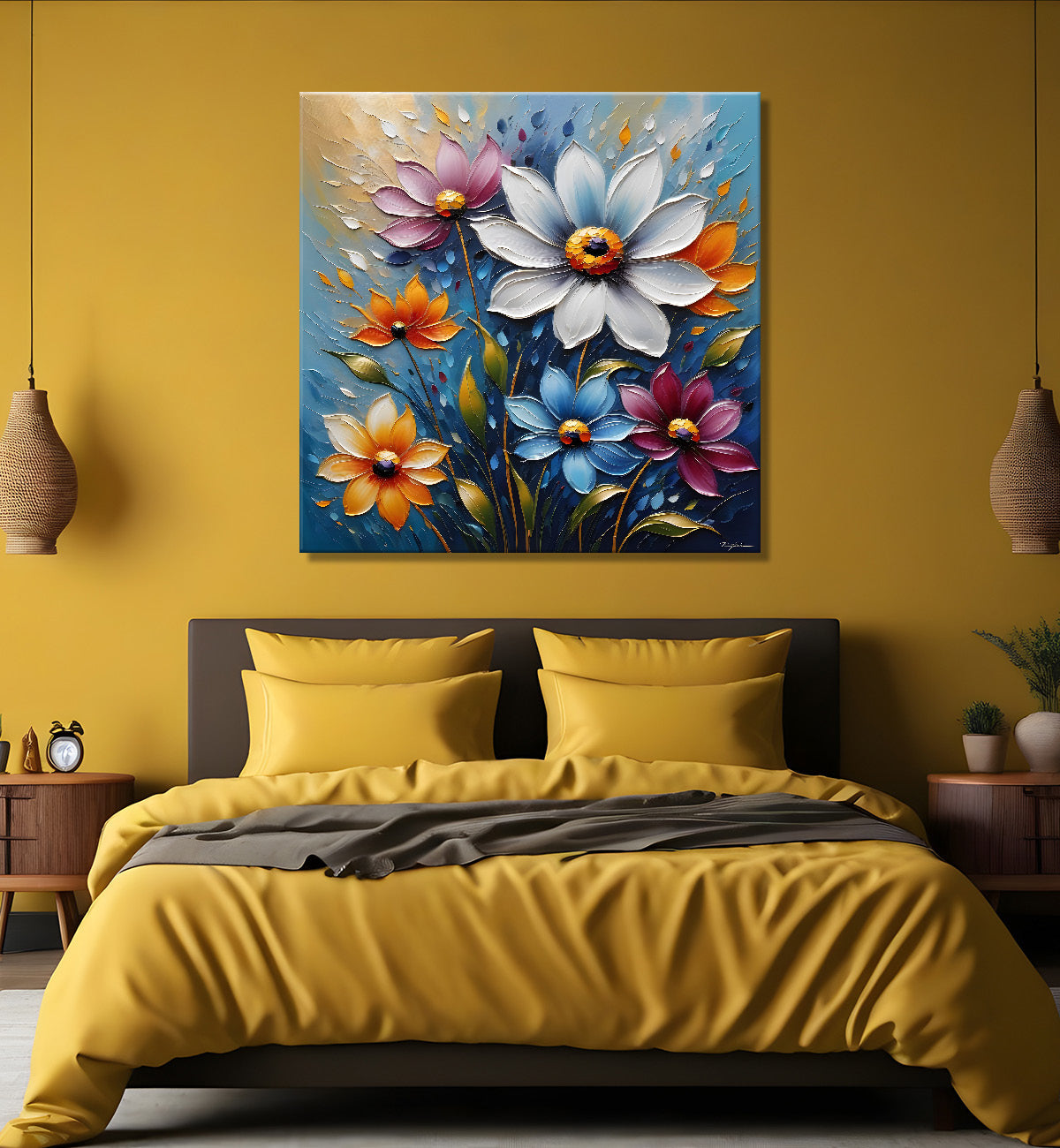 Colourful flowers in blue background  textured painting  - Flower-S-73