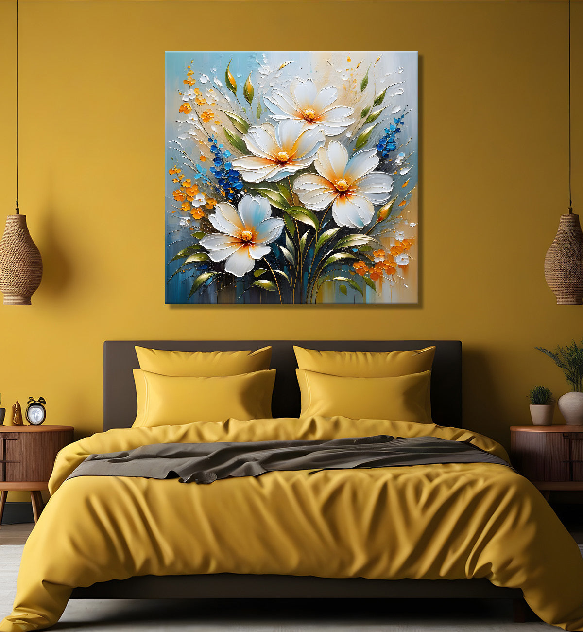 White flowers in blue background  textured painting  - Flower-S-74