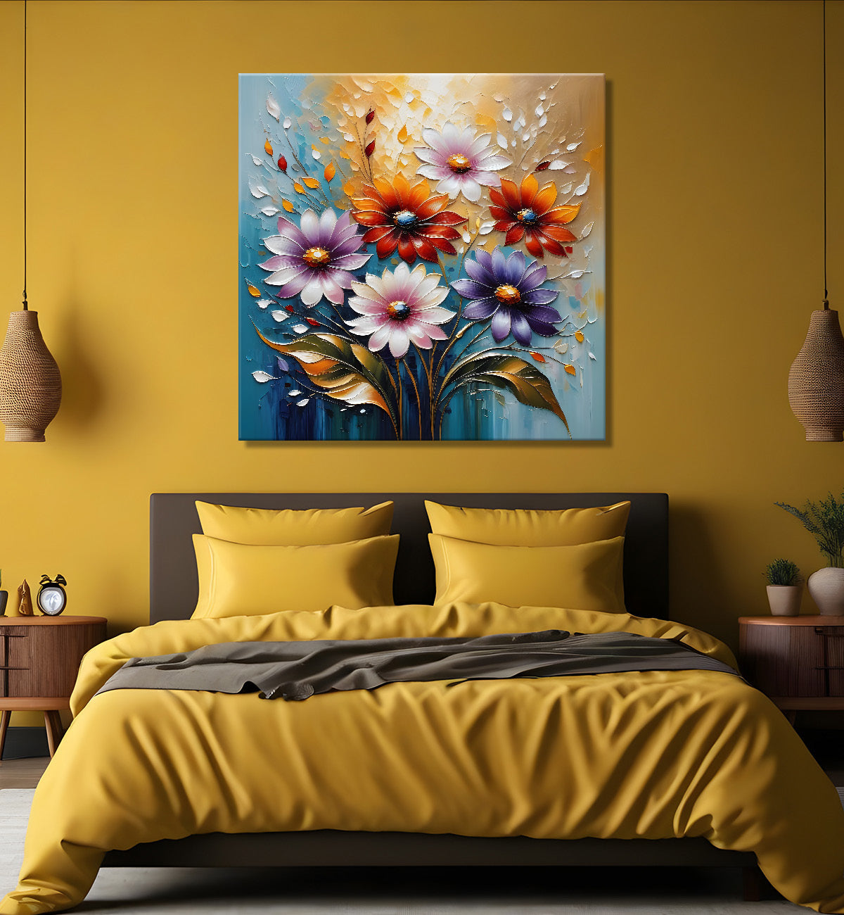 Colourful flowers in blue  background  textured painting  - Flower-S-76