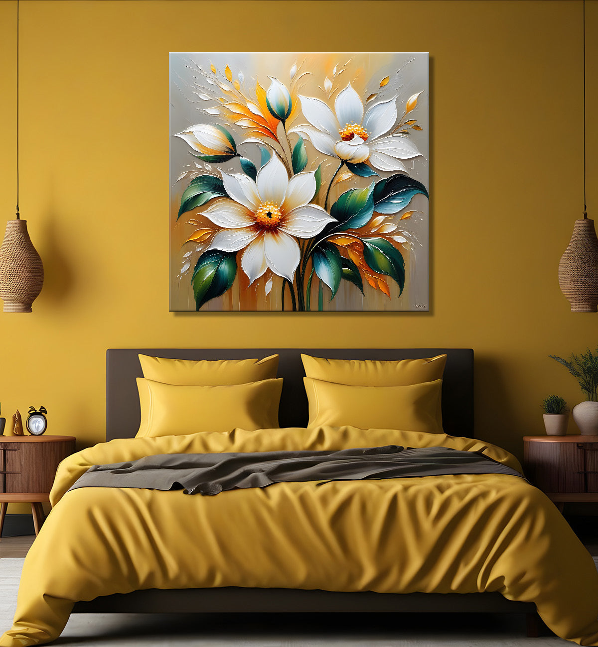 White flowers with grey background  textured painting - Flower-S-77