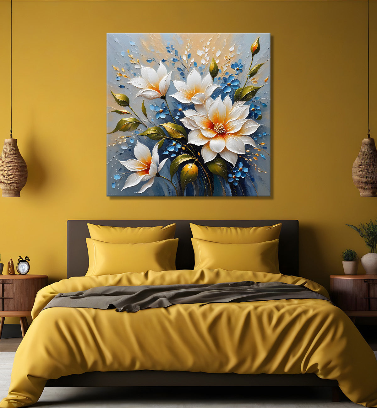 White flowers with grey background  textured painting - Flower-S-78