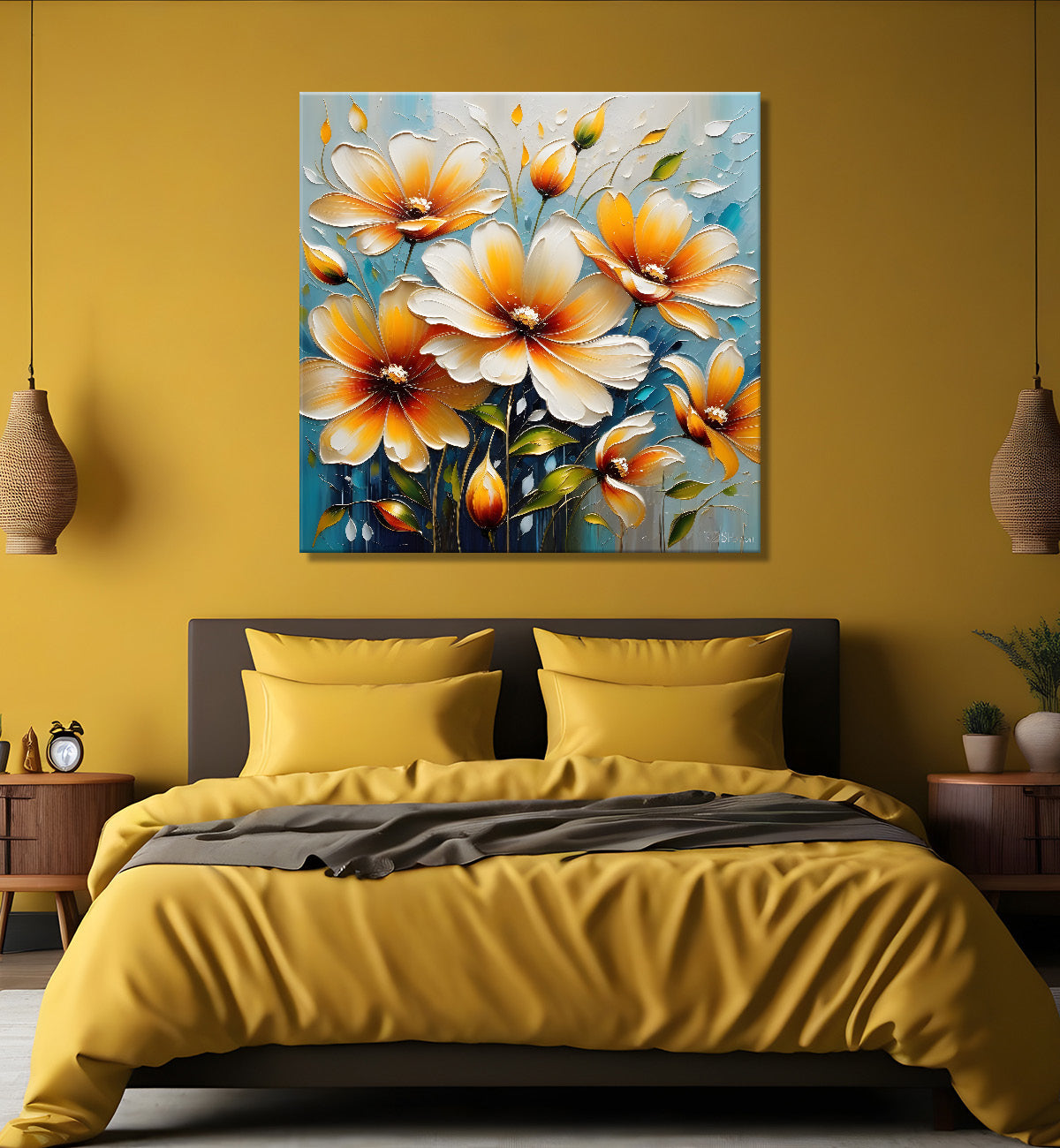Orange flowers in sky blue background  textured painting  - Flower-S-80