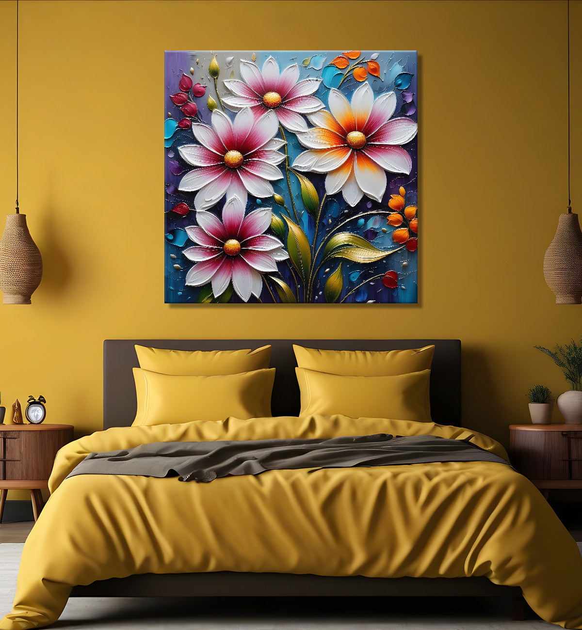 Purple flowers in blue background  textured painting  - Flower-S-81