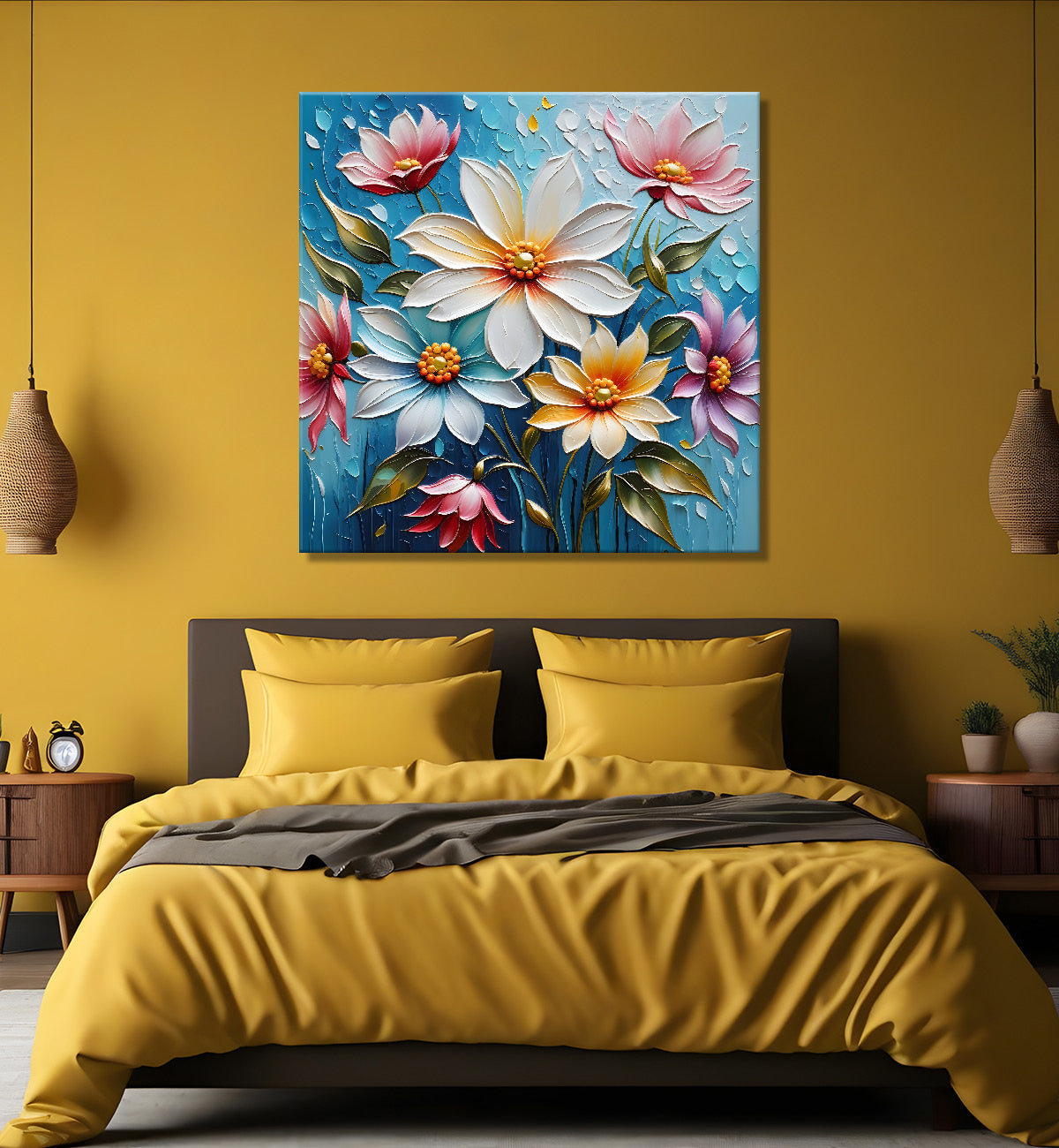 White flowers in blue background  textured painting  - Flower-S-82