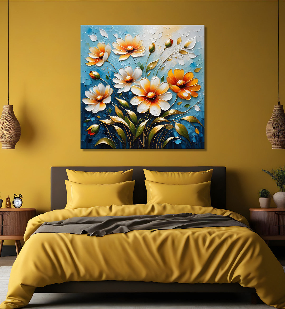 White and orange flowers in blue textured painting  - Flower-S-83