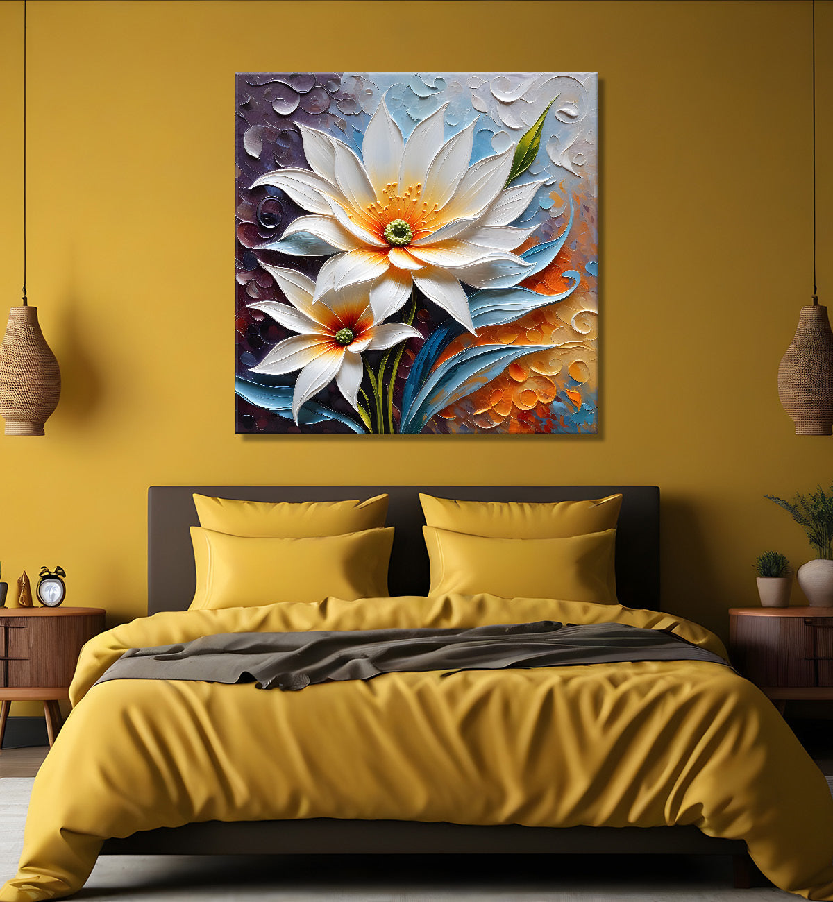 White flowers in colourful background textured painting - Flower-S-84