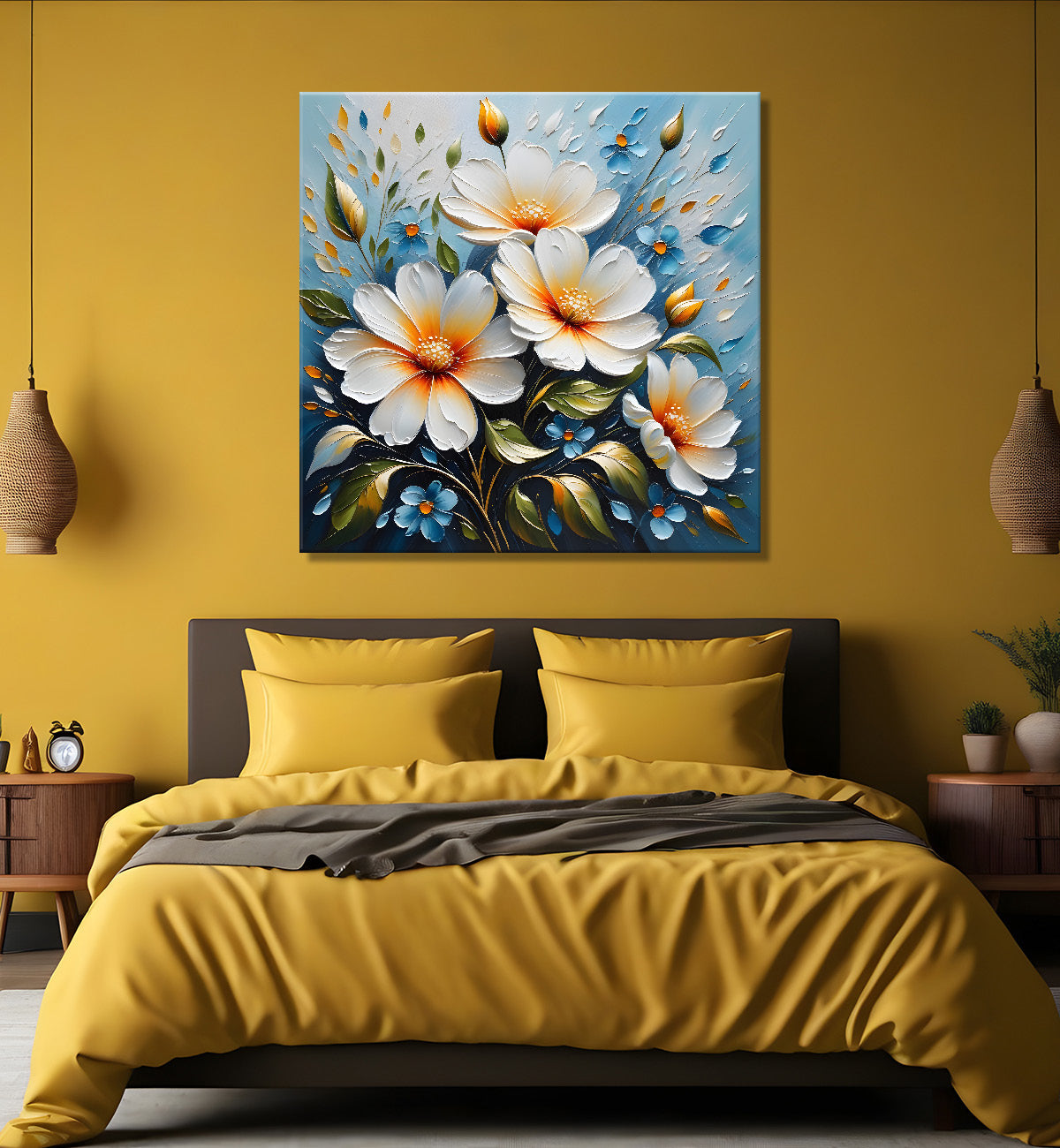 White flowers in blue background textured painting - Flower-S-85