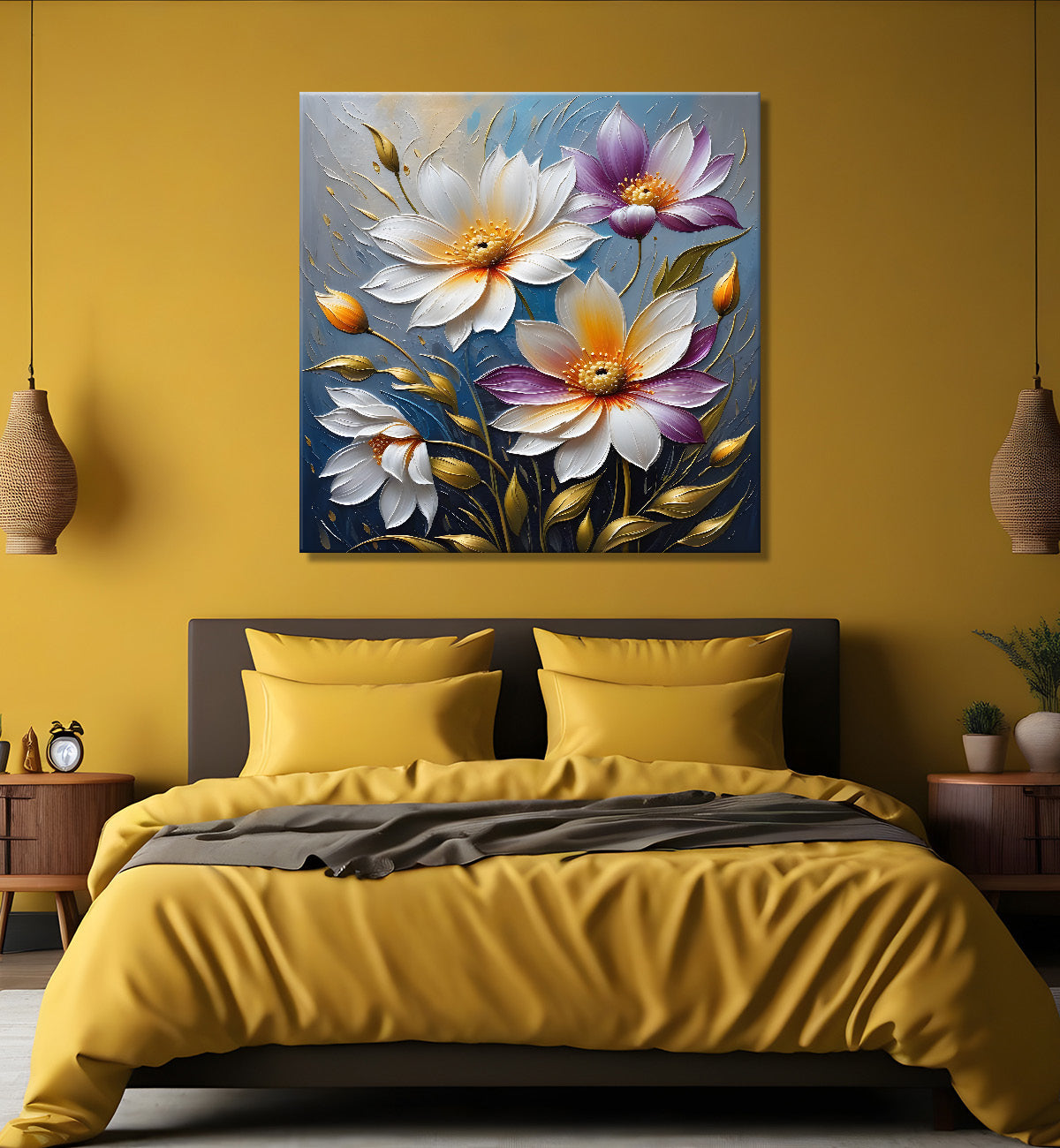 White flowers in blue  background textured painting - Flower-S-86