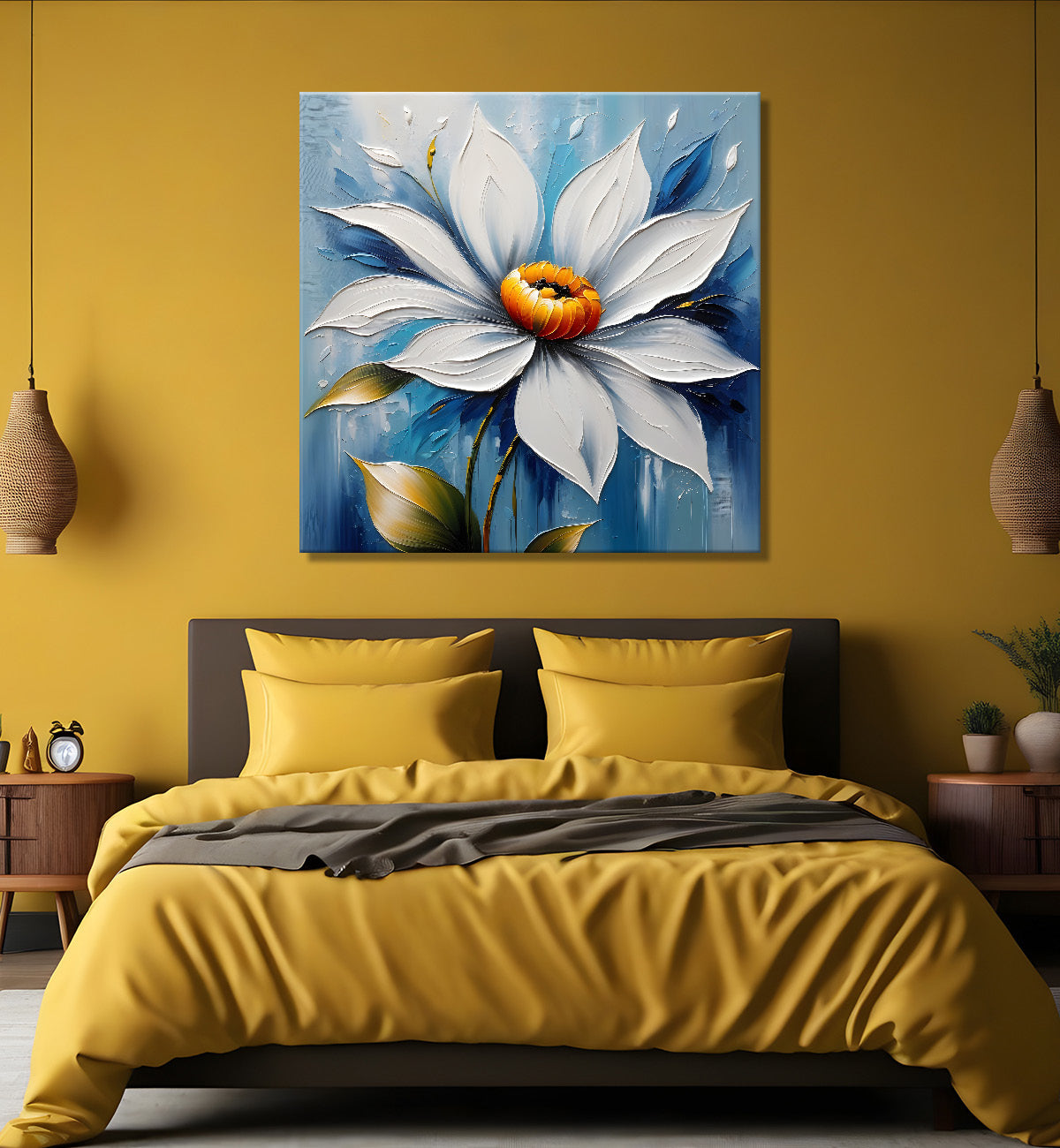 White flowers in blue  background textured painting - Flower-S-87