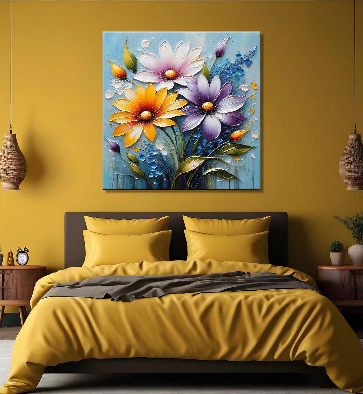 Orange and purple flowers in blue background textured painting - Flower-S-88