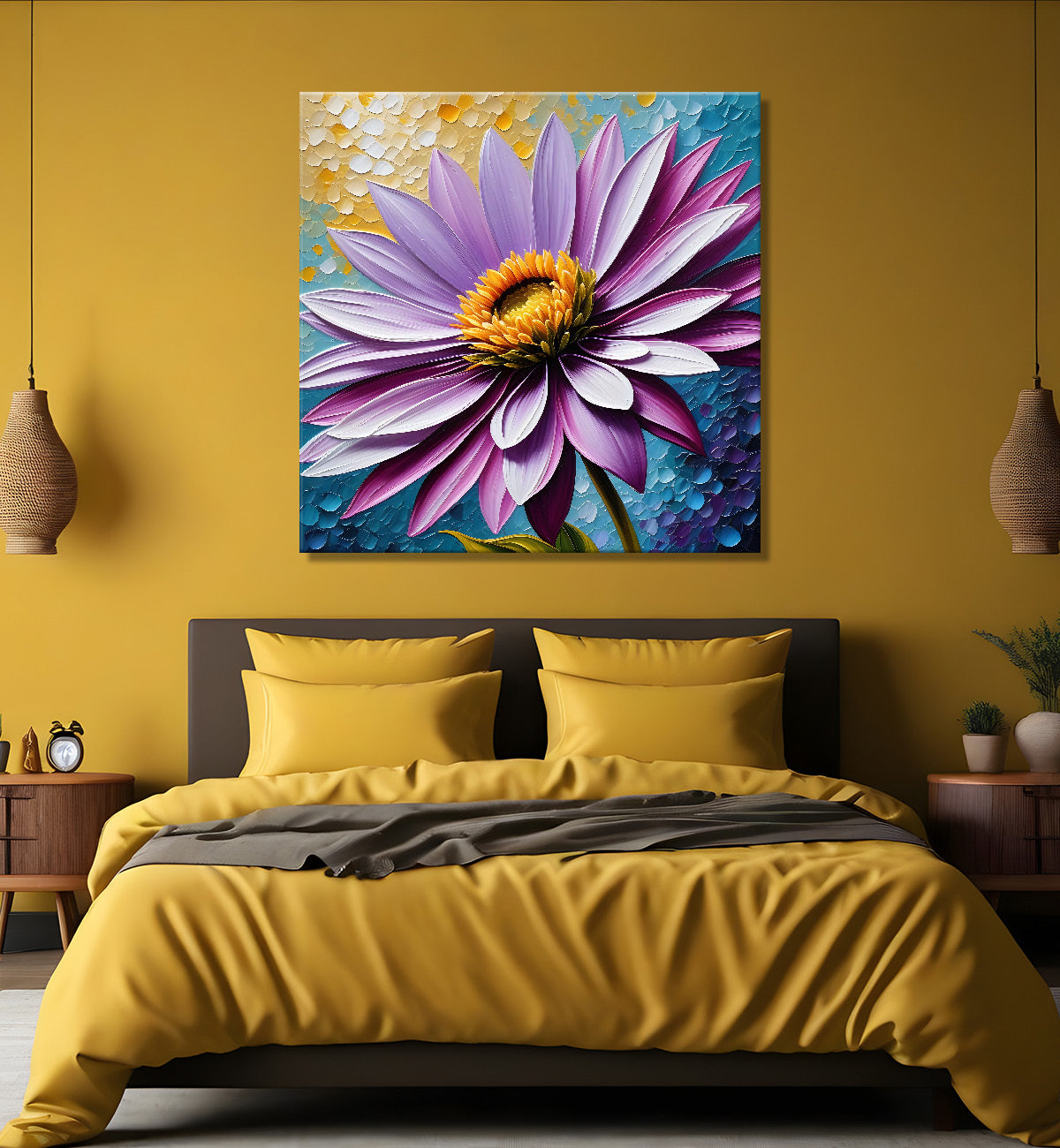 Purple flower in blue background textured painting - Flower-S-89