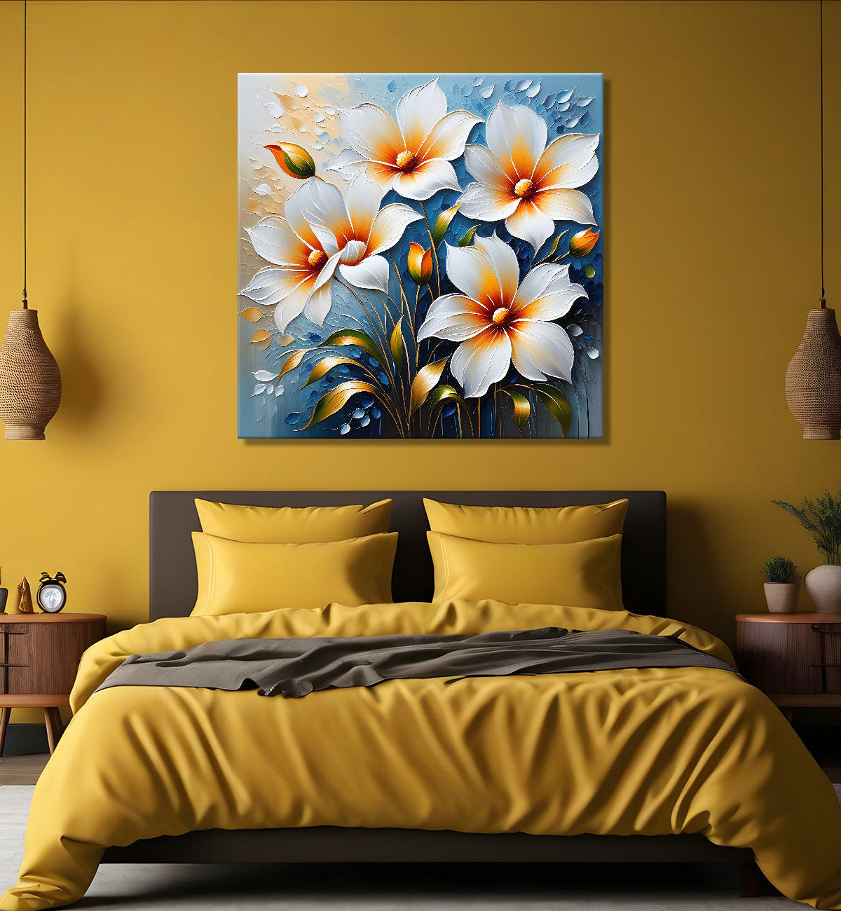 White flowers in blue background textured painting  - Flower-S-98