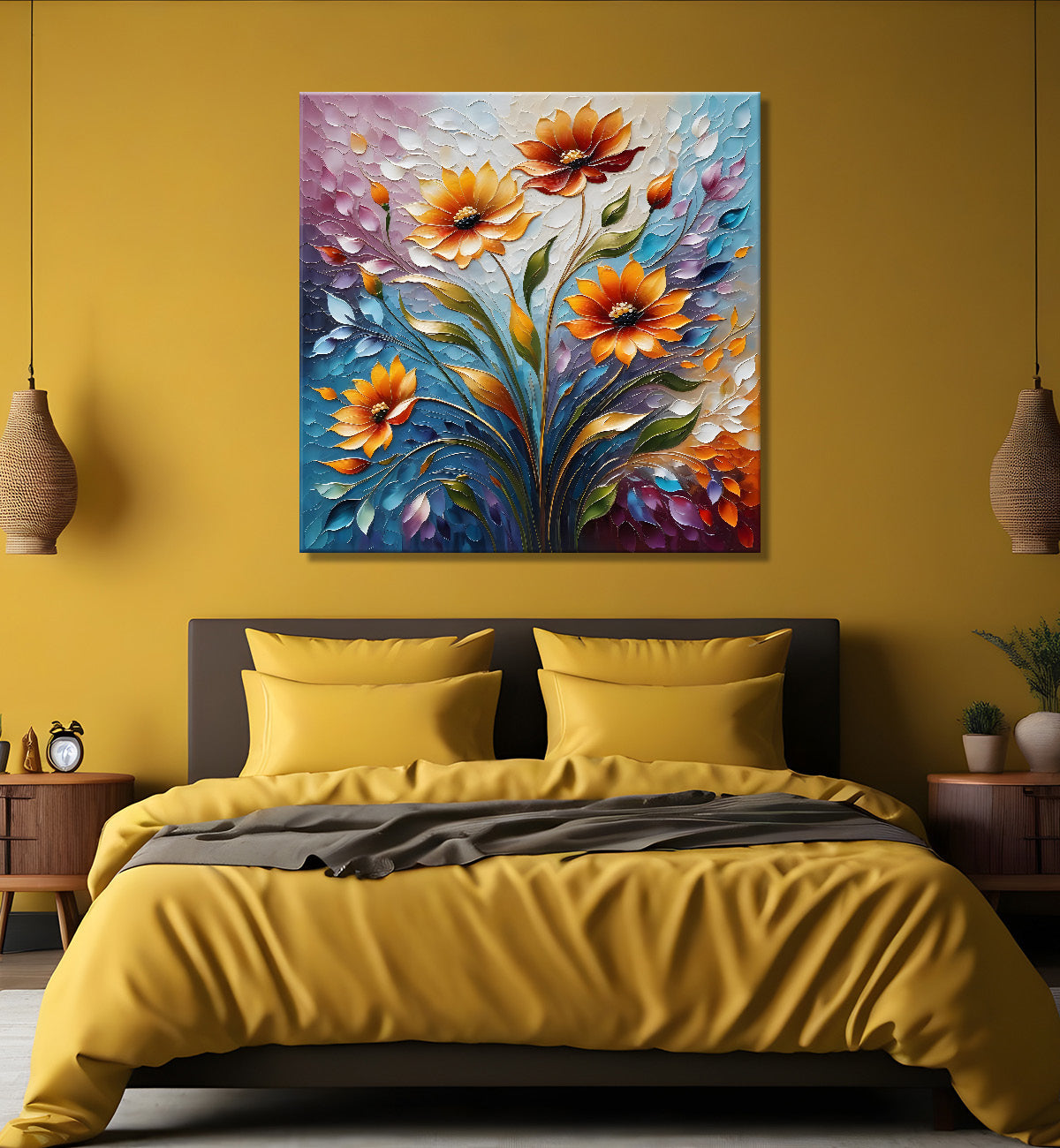 Yellow flowers in colourful background textured painting  - Flower-S-99