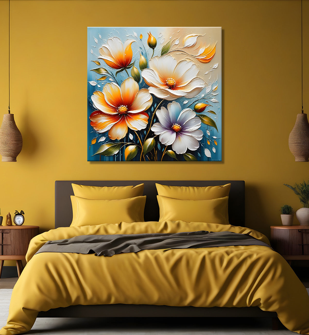 Peach flowers in blue background textured painting - Flower-S-100