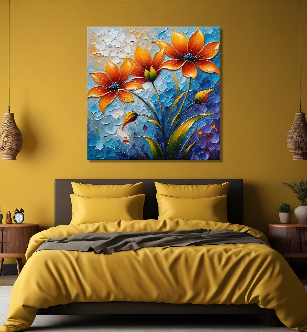 Orange flowers in blue background textured painting - Flower-S-101
