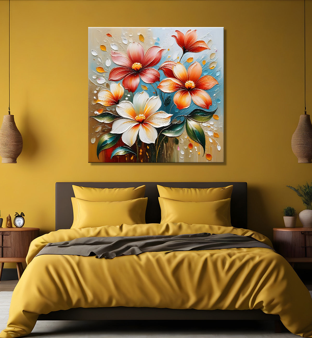 White and orange flowers in light brown textured painting - Flower-S-102
