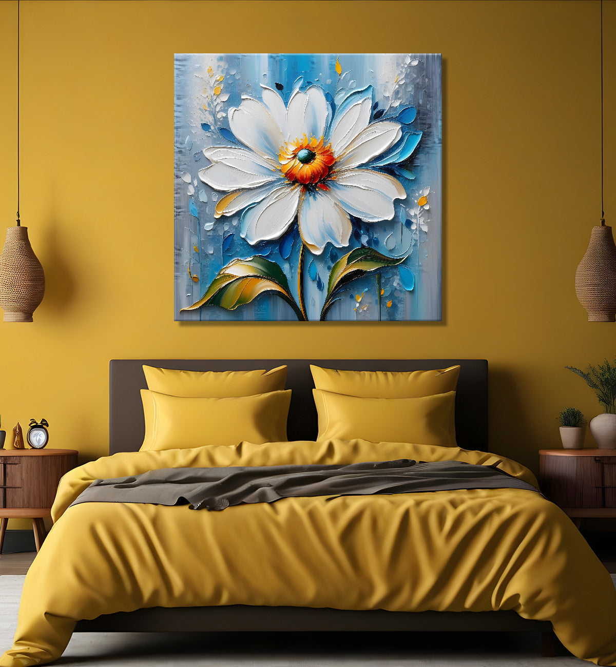 White flower in blue background textured painting - Flower-S-103