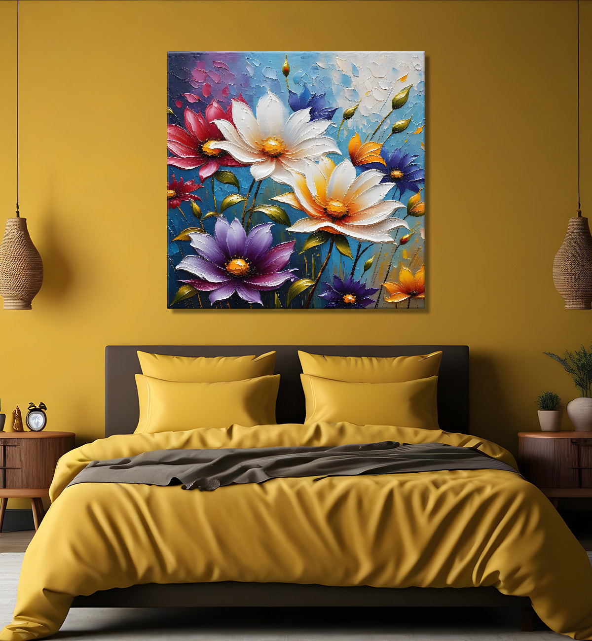 Colourful flowers in blue background textured painting - Flower-S-104