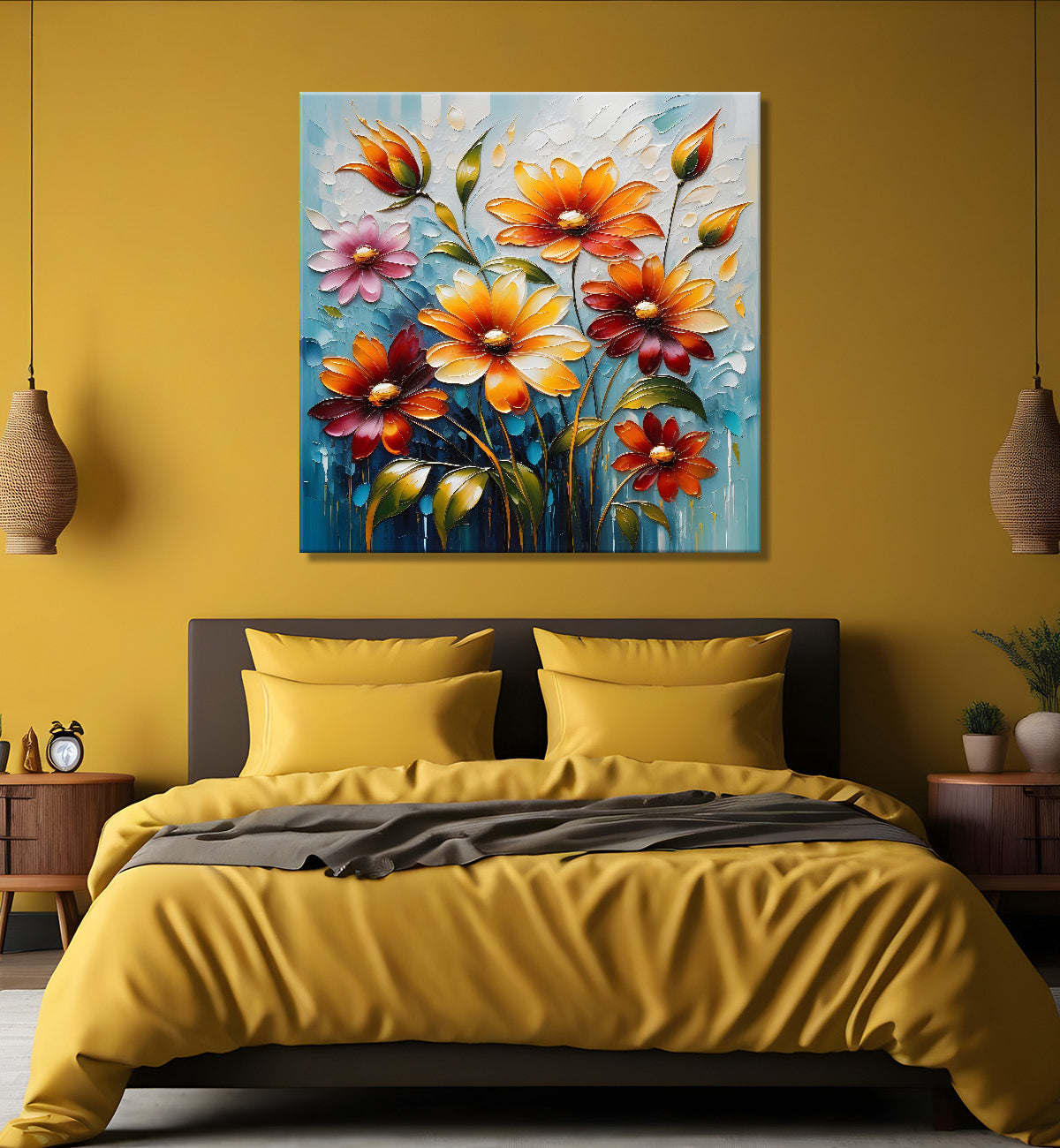 Orange flowers in grey textured painting - Flower-S-105