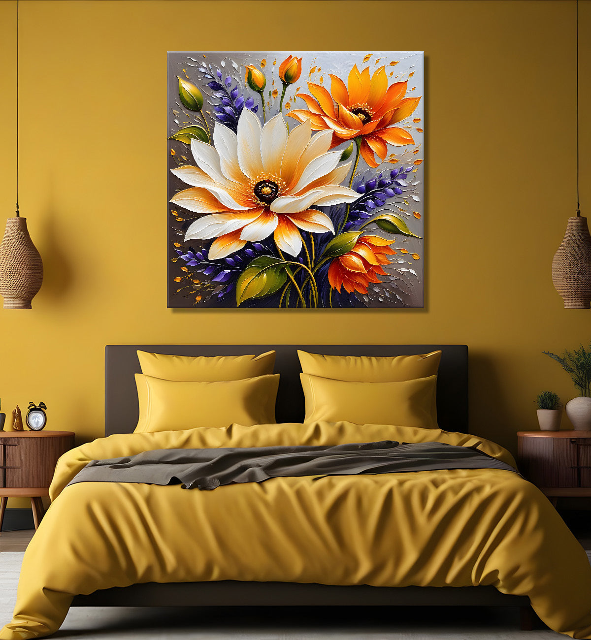 Orange and white flowers in light brown textured painting - Flower-S-106