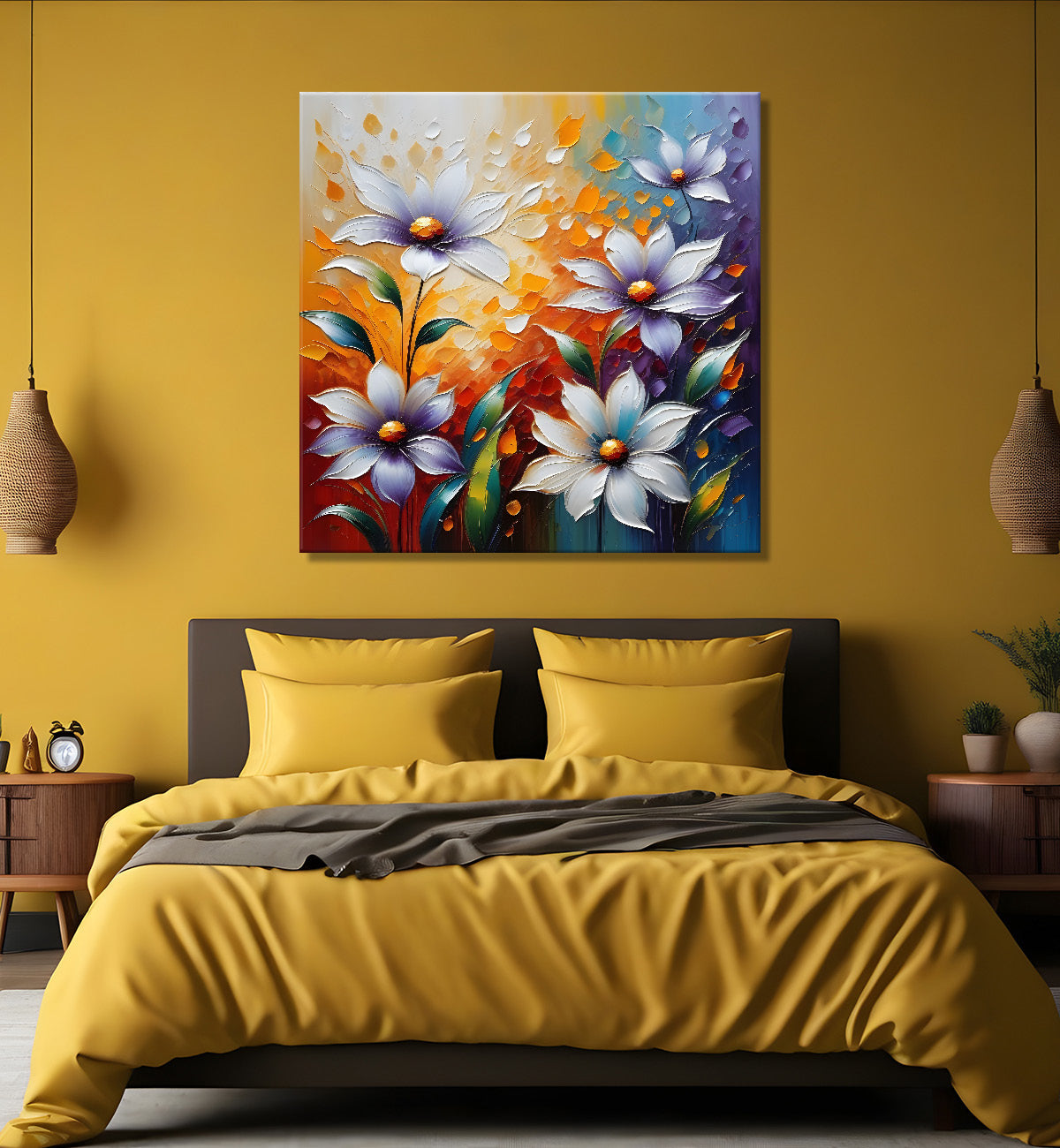 Purple flowers in yellow textured paitning - Flower-S-107