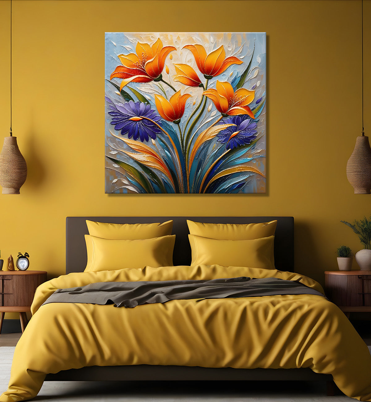 Orange flowers in grey textured painting  - Flower-S-108