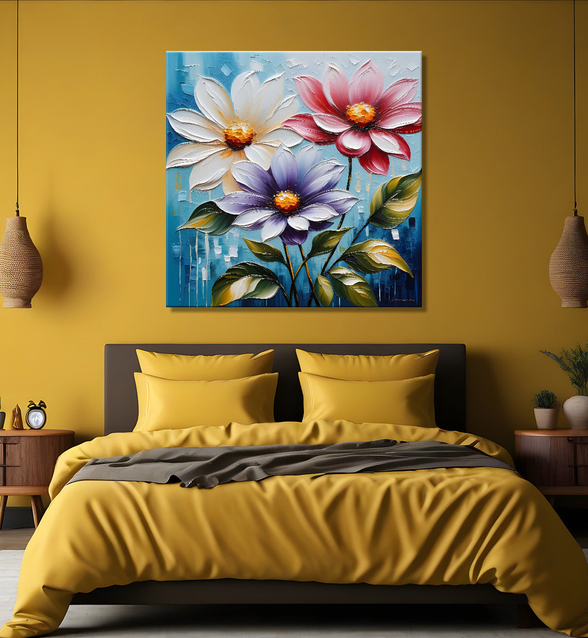 Colourful flowers in blue textured painting - Flower-S-109