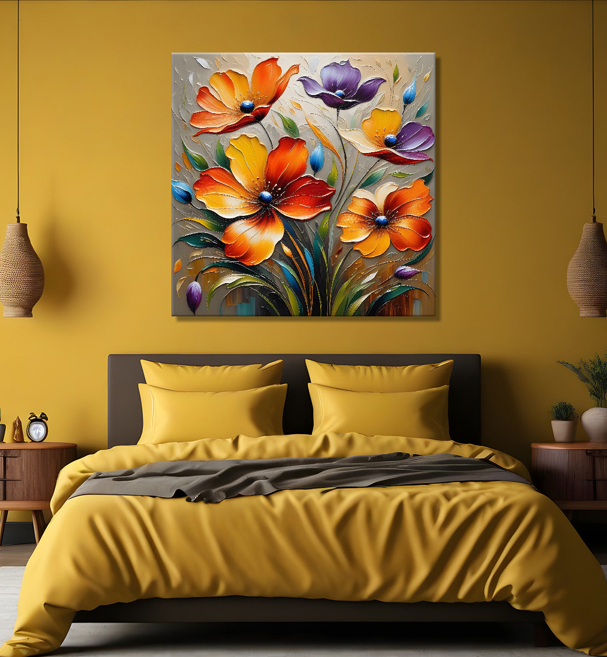 Orange flowers in light background textured painting - Flower-S-110