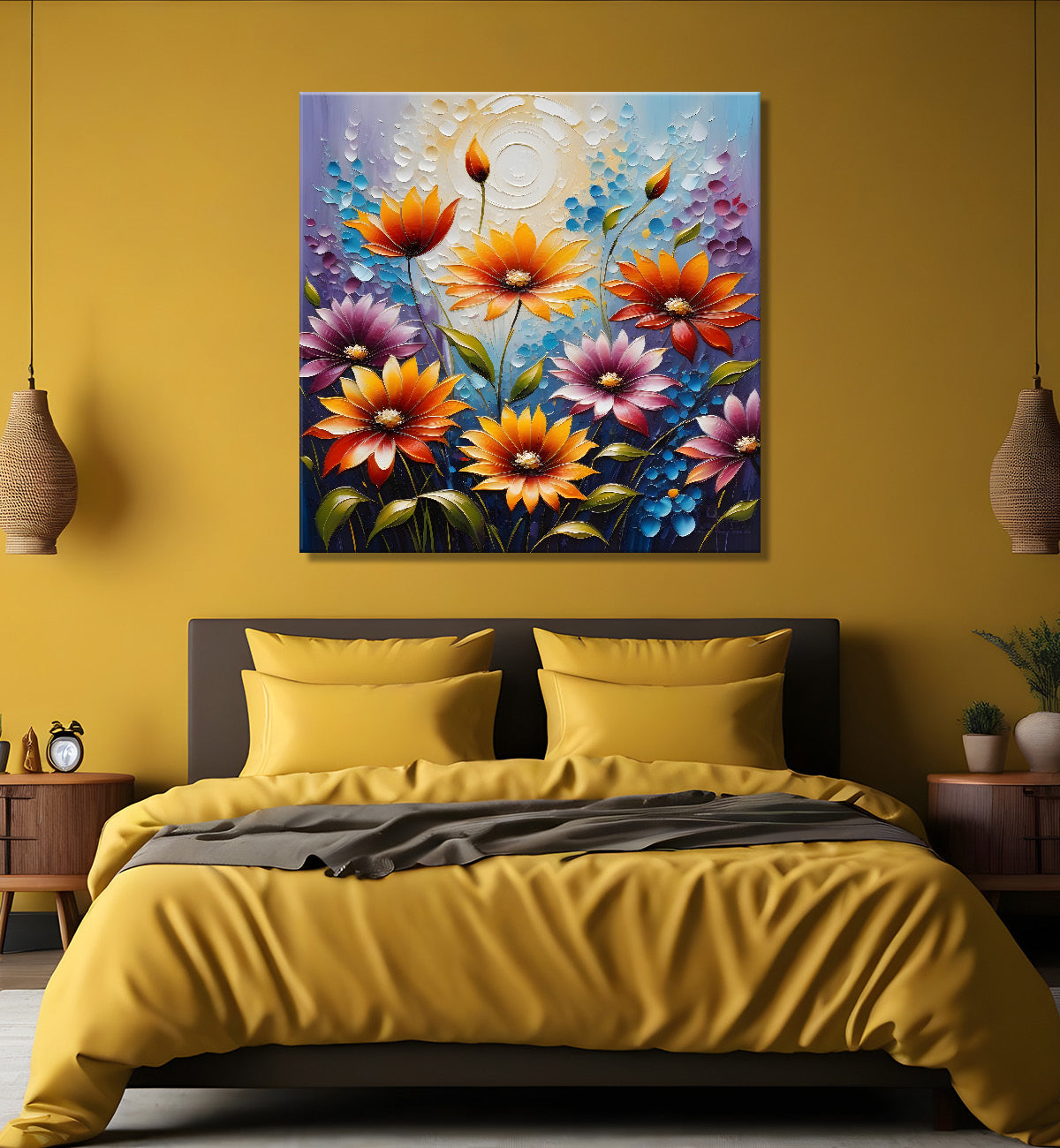 Colourful flowers in blue textured painting - Flower-S-111