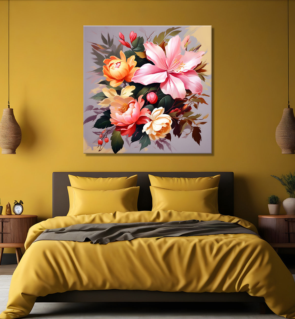 Purple and peach flowers in light background textured paitning - Flower-S-117