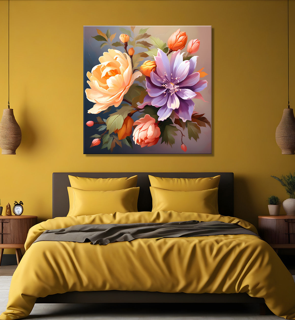 Purple and peach flowers in light background textured paitning - Flower-S-118