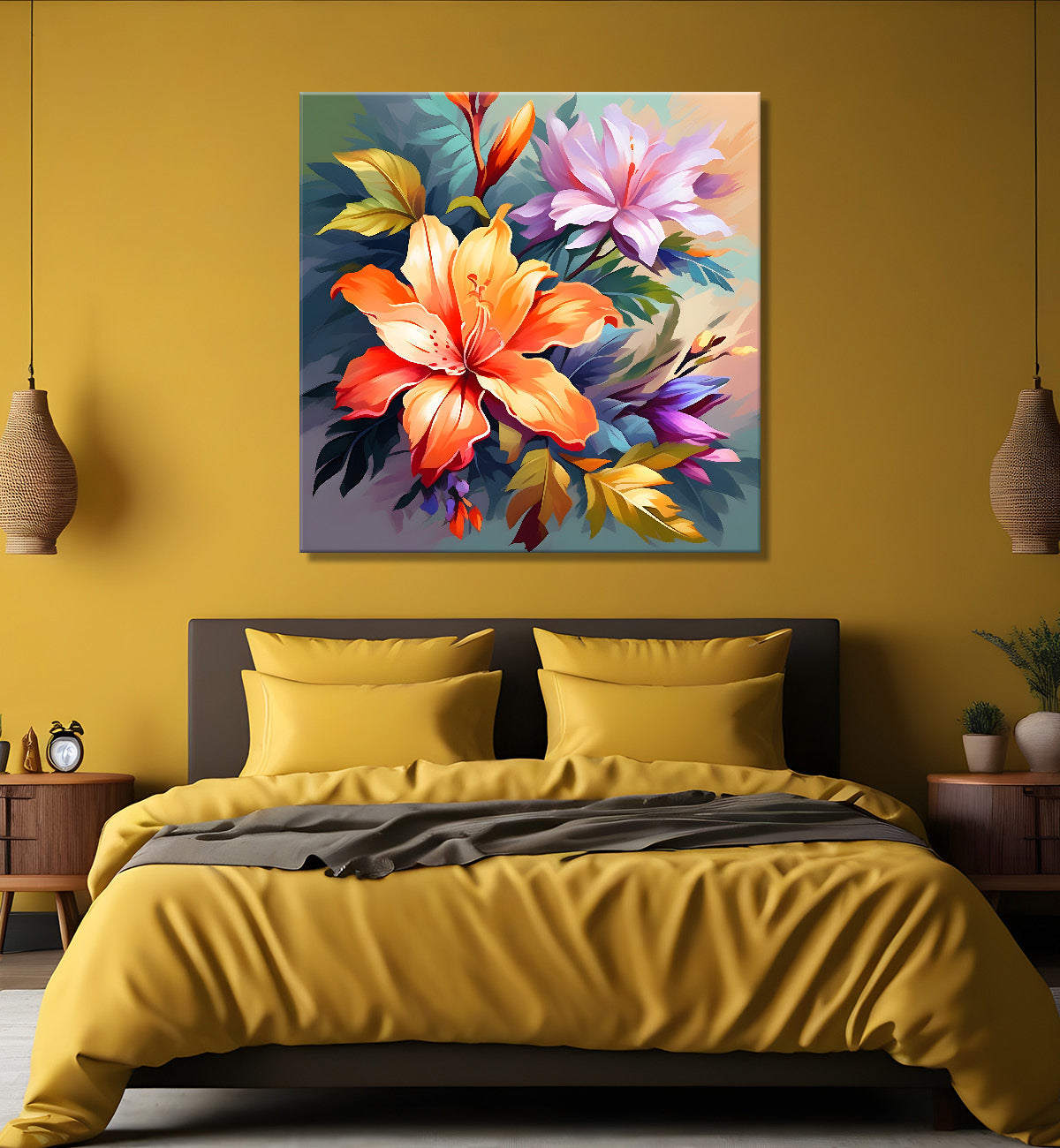 Orange flowers in light background textured painting - Flower-S-119