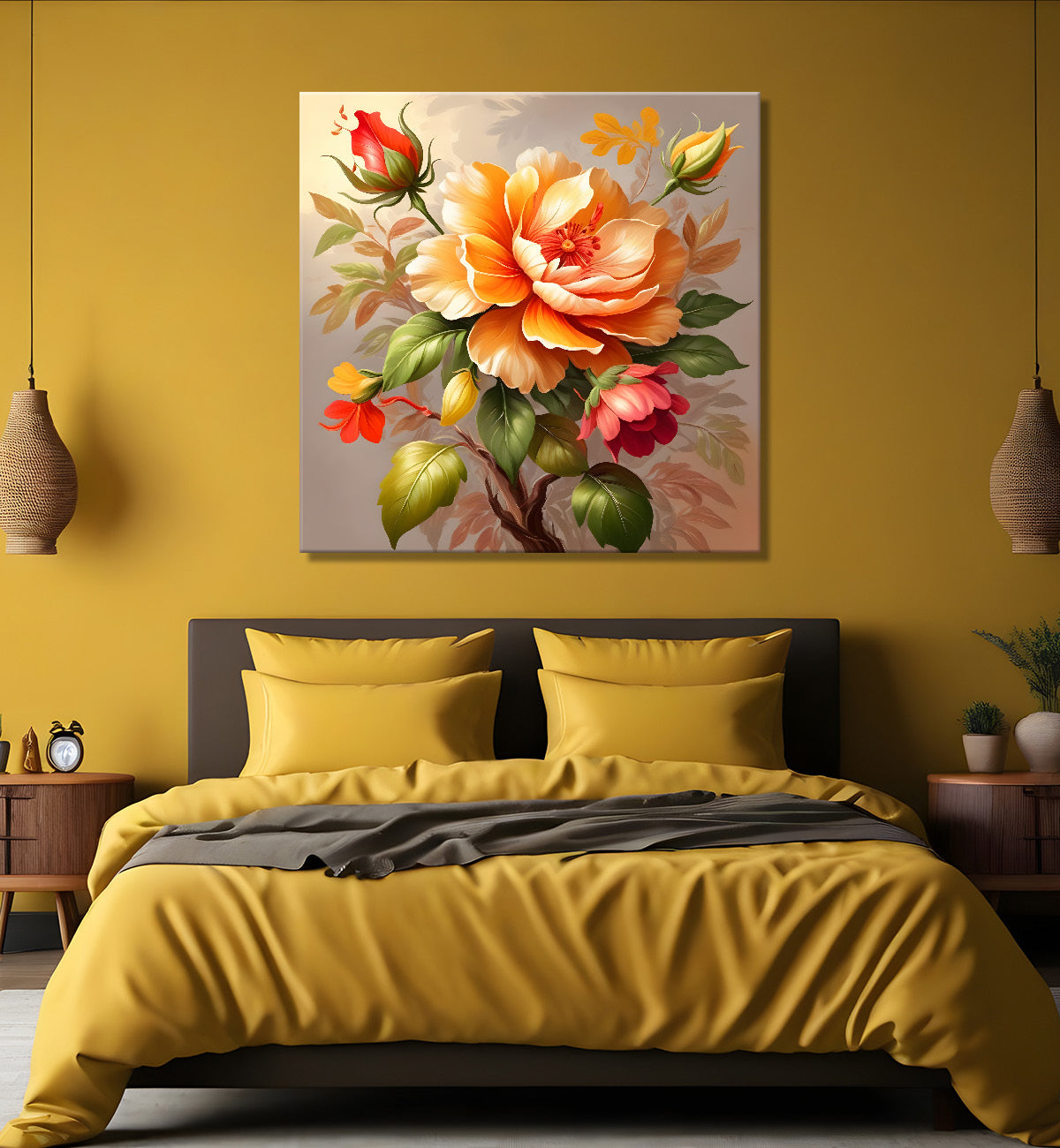 Colourful flowers in grey background textured painting - Flower-S-120