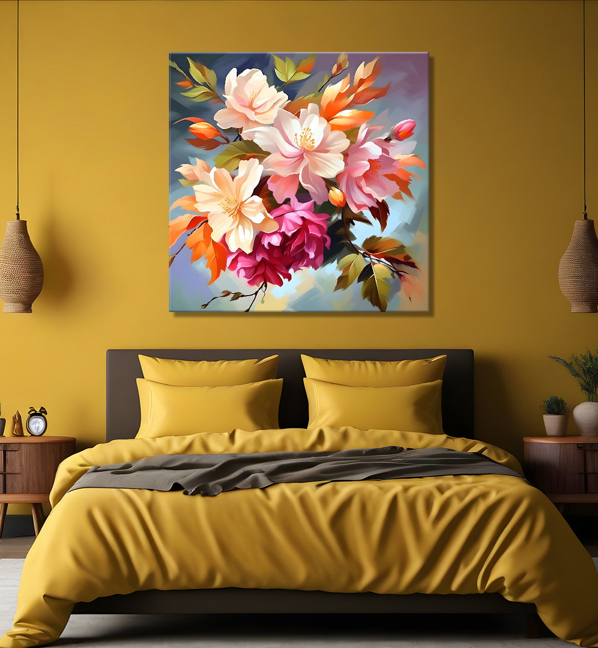 Pink flowers in blue background textured painting - Flower-S-121