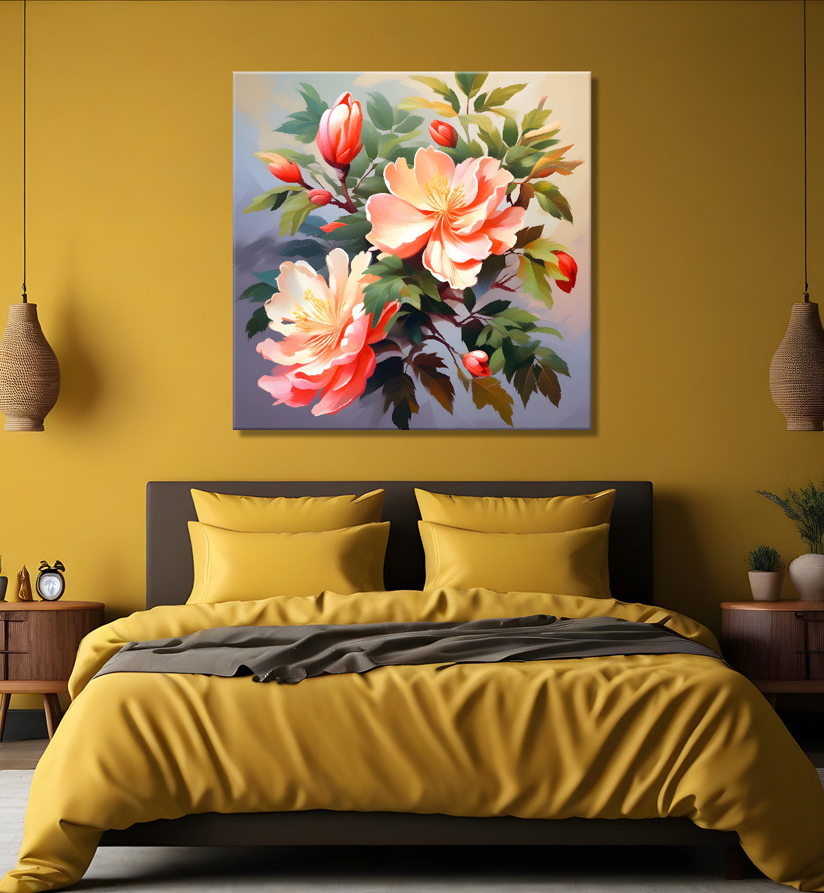 Pink flowers in grey background textured painting - Flower-S-122