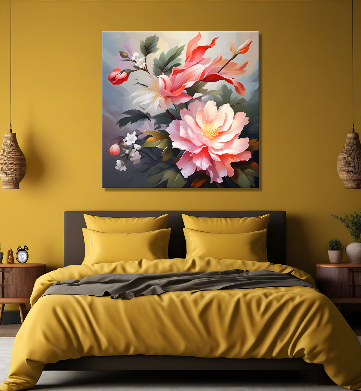 Pink flowers in grey background textured painting - Flower-S-123