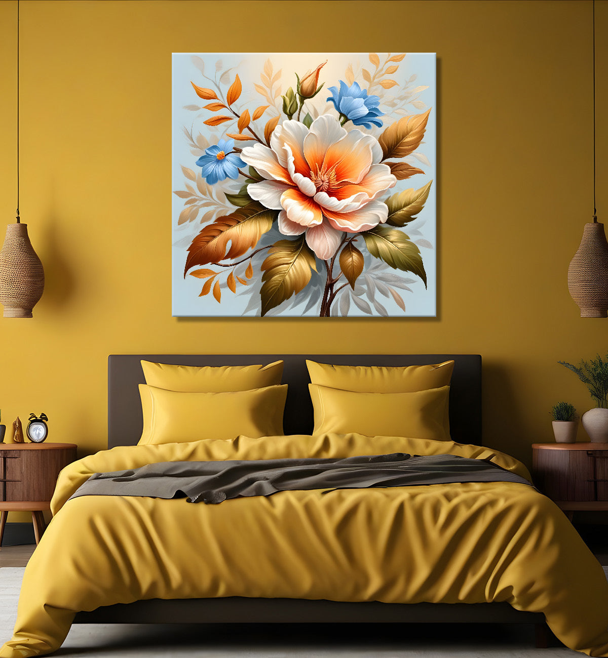 White flower in sky blue textued painting - Flower-S-124