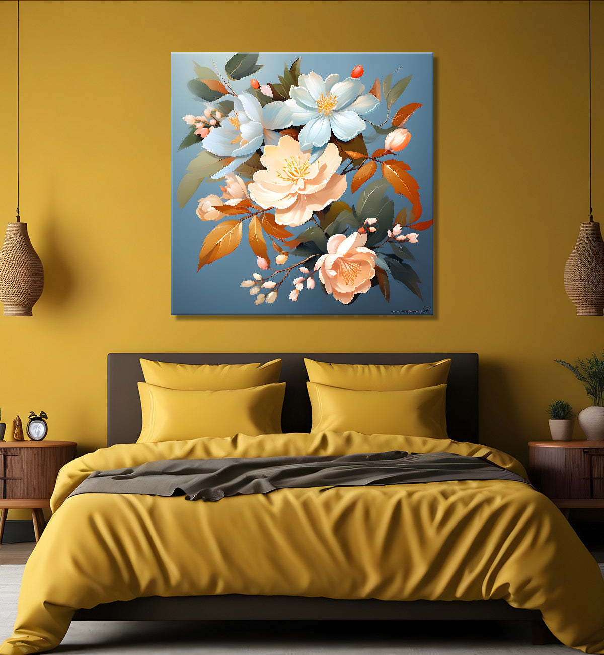 White flowers in sky blue textued painting - Flower-S-127