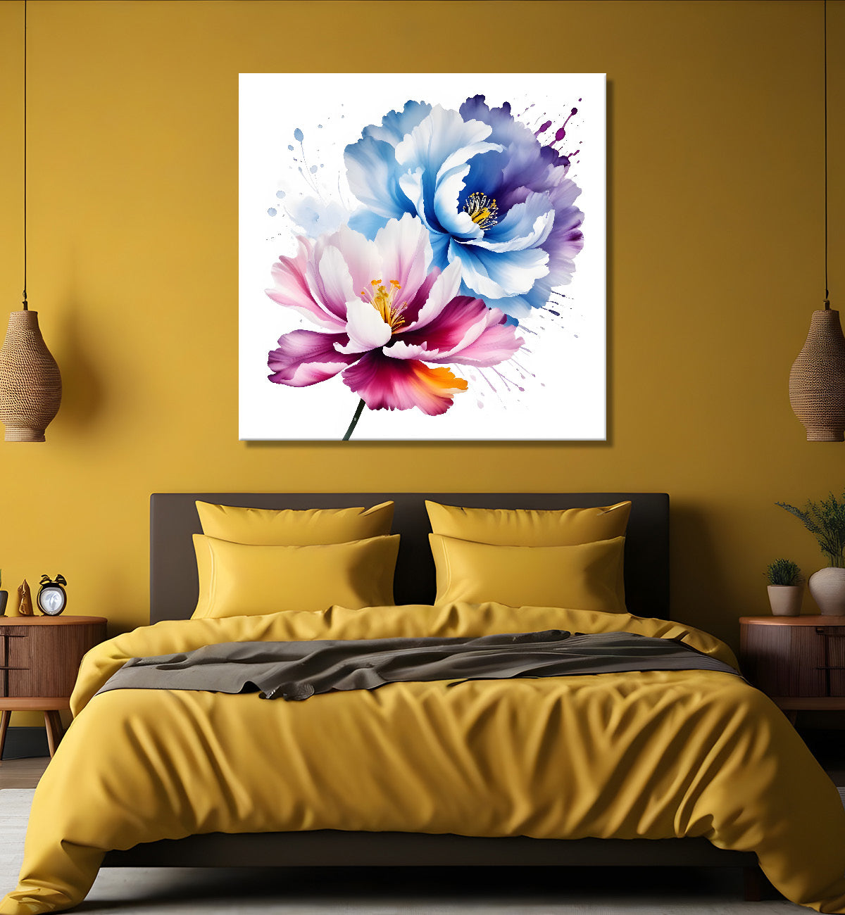 Pink and blue flower water colour painting - Flower-S-136