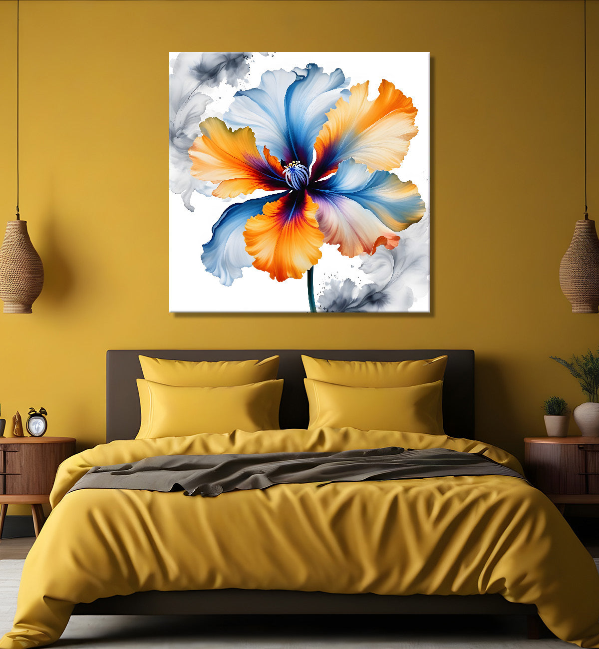 Yellow and blue flower water colour painting - Flower-S-138