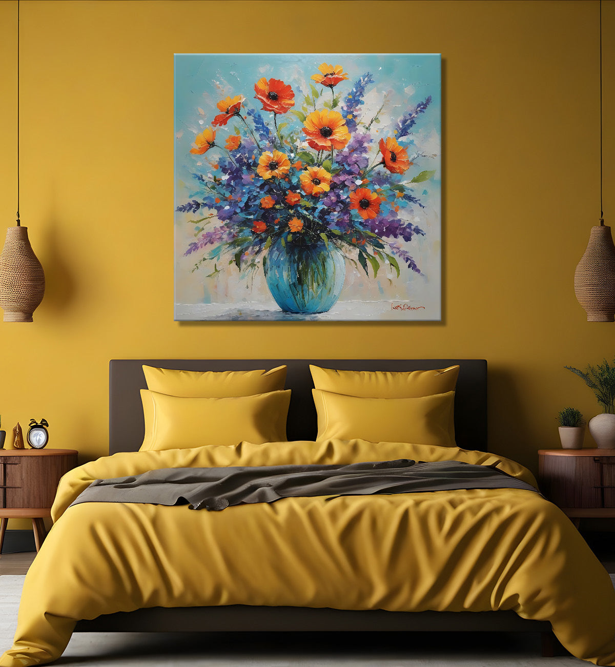 Colourful flowers in a vas in blue textured painting - Flower-S-147